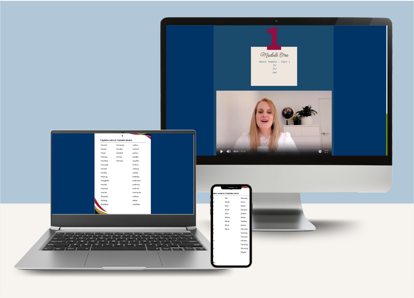 The Clearer Speech program and Wordbook shown on desktop, laptop and phone